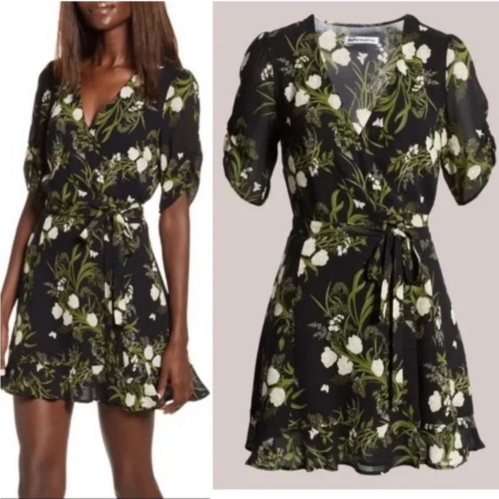 Reformation Black and Green Floral Wrap Blouse